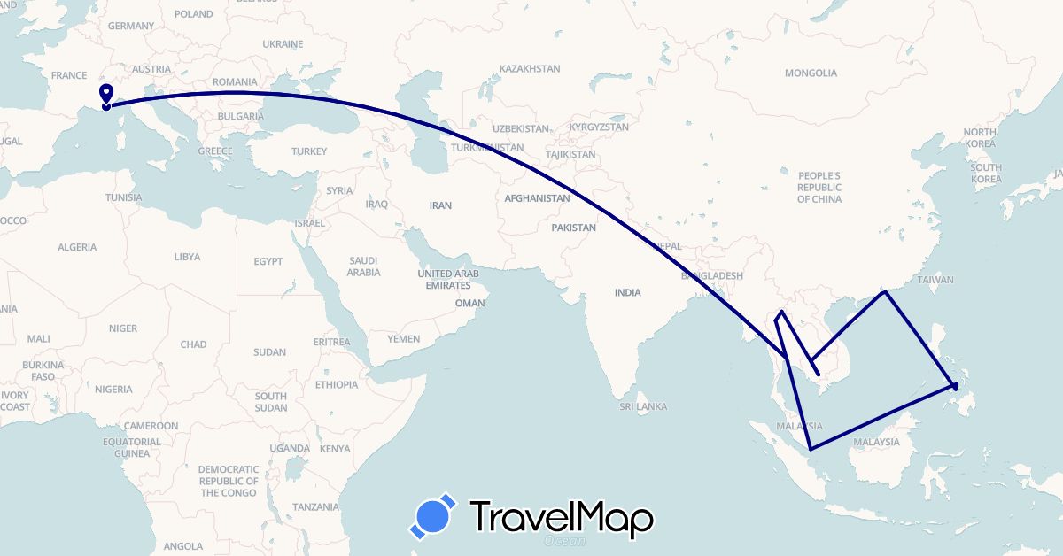 TravelMap itinerary: driving in France, Hong Kong, Cambodia, Macau, Philippines, Singapore, Thailand (Asia, Europe)